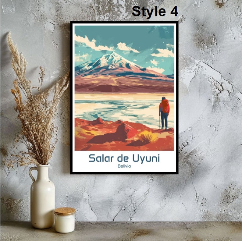 May include: A vintage travel poster featuring a scenic view of Salar de Uyuni, Bolivia. The poster depicts a snow-capped mountain range, a vast salt flat, and a lone hiker in the distance. The text "Salar de Uyuni, Bolivia" is printed at the bottom of the poster.