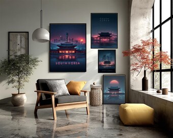 Póster retro de vaporwave de Corea del Sur, arte mural cyberpunk de Seúl, regalo de viaje a Asia, decoración futurista para el hogar, arte de neón, regalo estético K-Pop.