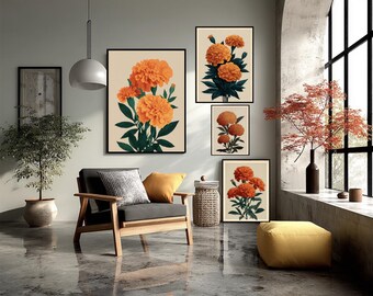 Vintage Marigold Botanical Poster Burnt Orange Floral Wall Art Retro 70s Flower Print Minimal Warm Tones Home Decor Illustration