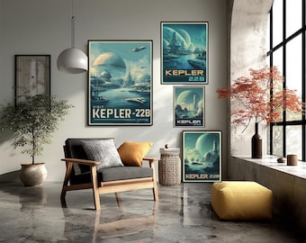 Póster de viaje futurista de ciencia ficción Kepler-22b, colonia espacial retro, arte mural de mundo extraterrestre.