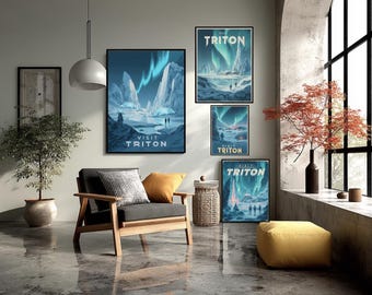Futuristic Triton Travel Poster Retro Sci Fi Neptune Moon Wall Art Space Exploration Print