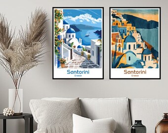 Póster de Santorini, Grecia, impresión de viaje, póster de Santorini, arte de pared, decoración del hogar, lienzo, ilustración de viaje de Thira, Grecia