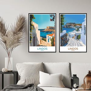 Lindos Greece Poster Travel Print Island of Rhodes Lindos Dodecanese Wall Home Decor Canvas Greece Illustration Travel Gift Decoration