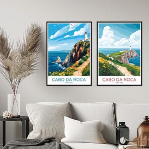 May include: Two framed prints of Cabo da Roca, Portugal, featuring a lighthouse on a cliff overlooking the ocean. The prints are in a modern style with a blue, green, and white colour scheme.