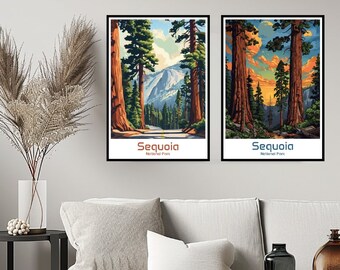 Op de afbeelding: Twee ingelijste kunstprints met scènes uit Sequoia National Park. Het kunstwerk toont torenhoge sequoia's, een bergketen en de tekst "Sequoia National Park" onderaan. Het kleurenpalet omvat groen, bruin en blauw.