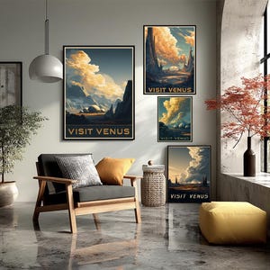 Futuristic Venus Travel Poster Sci Fi Retro Style Volcanic Landscape Colony Domes Wall Art Printable Planet Poster Venus Space Decor