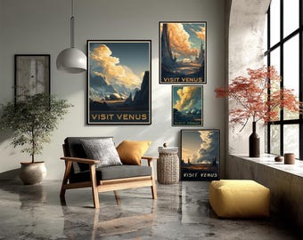 Futuristische Venus reisposter scifi retro stijl vulkanisch landschap kolonie koepels muur kunst afdrukbare planeet poster Venus ruimte decor