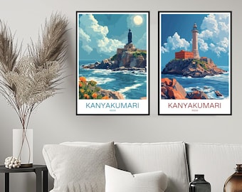 Op de afbeelding: Twee kleurrijke illustraties van Kanyakumari, India. De eerste illustratie toont een vuurtoren op een rotsachtig eiland met blauw water en een bewolkte lucht. De tweede illustratie toont een standbeeld op een rotsachtig eiland met blauw water en een bewolkte lucht.