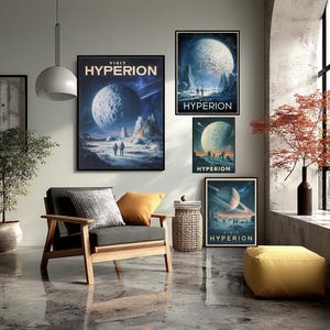 May include: A room with framed art prints depicting a space theme, with the text "VISIT HYPERION." A modern armchair with grey cushions and a yellow cushion is placed near a window. A small potted tree and a yellow ottoman are also visible.