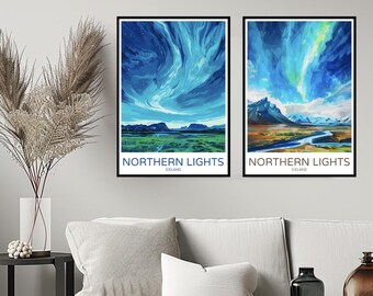 May include: Two framed prints of the Northern Lights in Iceland. The prints are in a blue and green color scheme and feature a landscape scene with mountains and a river.