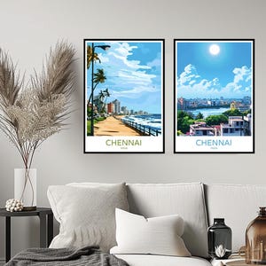 May include: Two framed illustrations of Chennai, India. The first image shows a beach scene with palm trees and a walkway. The second image shows a cityscape with a river and buildings.