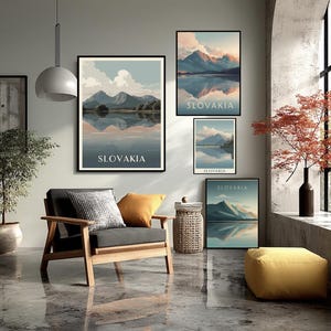 Minimalist Slovakia Travel Poster With High Tatras Mountains Pastel Landscape Wall Art Modern Nature Illustration Nordic Style Print