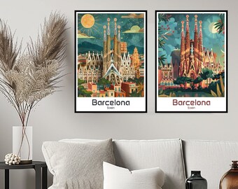 May include: Two framed art prints featuring the Sagrada Familia in Barcelona. The artwork has a vintage travel poster style, with a warm color palette of oranges, blues, and greens. Each print has the word "Barcelona" and "Spain" at the bottom.