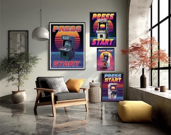 Retro Gaming Poster - Arcade Machine Print - 80s Pixel Art - Vaporwave Wall Decor