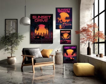Neon Synthwave Sunset Drive, 80s Miami Outrun, Giclée Print on