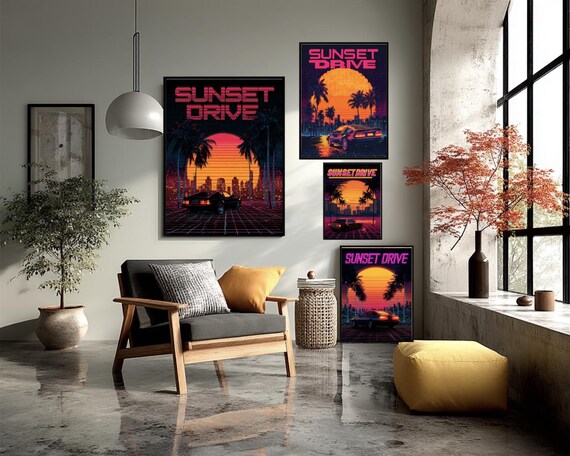 Sunset Overdrive Vaporwave Poster Retro Synthwave Neon City Wall