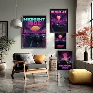 May include: Several framed art prints with the text "MIDNIGHT RIDE" in a retro style. The artwork features a car driving on a road with a sunset background. The color palette includes purple, blue, and orange.