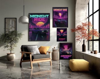 Midnight Synthwave Ride Vaporwave Poster Neon Retro Car Cyberpunk 80s Wall Art