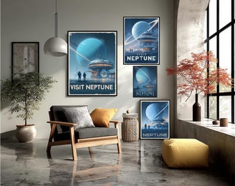 Poster di viaggio futuristico su Nettuno con stazione spaziale fantascientifica e astronauti in stile futurista retrò con illustrazione del pianeta di gas blu.