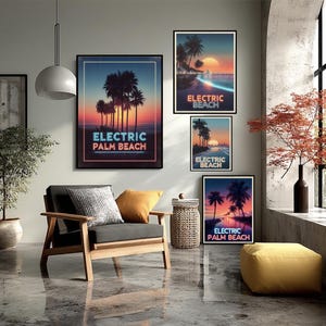 Electric Palm Beach Retro Vaporwave Poster With Neon Palms, 80s Sunset Gradient, Tropical Synthwave Vibes And Futuristic Coastal Cityscape
