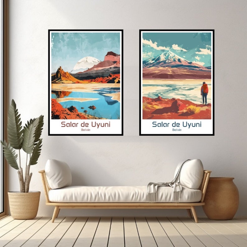 May include: Two colorful posters with a mountain landscape and a blue lake. The posters are framed in black and have the text "Salar de Uyuni, Bolivia" at the bottom.