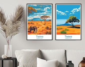 Cartaz do Parque Nacional de Tsavo, Quênia, impressão de viagem, decoração de parede do Parque Tsavo, tela, presente de viagem, decoração de quarto do Quênia