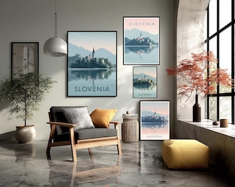 Póster minimalista de viaje de Eslovenia, lago Bled, Alpes Julianos, arte mural moderno, impresión de paisaje natural