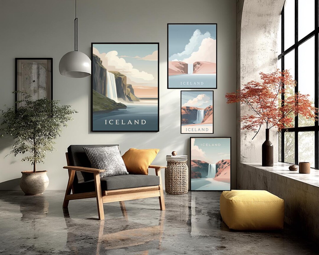 Iceland Travel Poster – Minimalist Art of Skogafoss Waterfall – Pastel ...