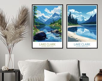 Cartaz de parede do Parque Nacional do Lago Clark, Alasca, impressão digital, Lago Clark, Estados Unidos, arte de parede, decoração para casa, tela, viagem, presente, decoração de quarto