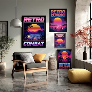 Retro Wave Combat Gaming Poster Neon Pixel Art Vaporwave Synthwave Battle 80s Arcade Style Wall Print Retro Gaming Room Decor