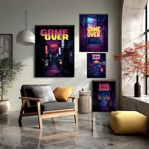 May include: A contemporary living room with framed art prints displaying "GAME OVER" in neon lettering. The artwork showcases a neon-lit street scene. The room includes a wooden armchair, a yellow ottoman, and a potted plant, creating a stylish interior design.