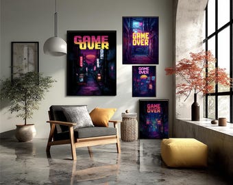May include: A modern living room featuring framed art prints with the text "GAME OVER" in a neon style. The artwork depicts a neon-lit street scene. The room includes a wooden armchair, a yellow ottoman, and a potted plant, creating a stylish interior design.