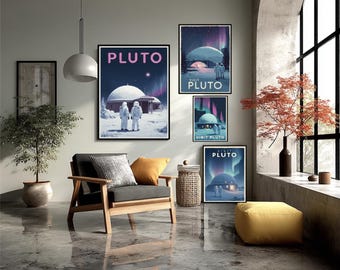 Futuristic Pluto Travel Poster With Domed Colony Base, Astronauts, And Aurora Lights In Sci Fi Retro Futurism Space Poster Wall Art
