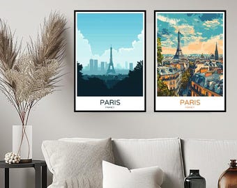 May include: Two minimalist posters with a cityscape of Paris, France. The poster on the left shows the Eiffel Tower in the distance with a blue sky and white clouds. The poster on the right shows a closer view of the city with buildings and streets. Both posters have the word "Paris" and "France" printed on them.