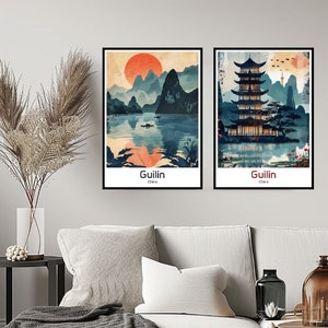 Guilin China Poster Travel Print Wall China Guilin Poster Wall Art Home Decor Canvas Li River China Retro Travel Illustration
