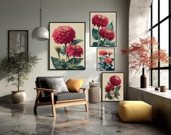 Zinnia Flower Botanical Poster Print, Vibrant Floral Wall Art Decor, Vintage 70s Aesthetic Gift, Maximalist Home Decor, Magenta Pink Artwork