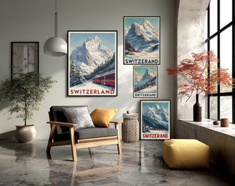 May include: A living room scene featuring framed vintage travel posters of Switzerland. The posters depict snow-capped mountains, a red train, and the word "SWITZERLAND". The room includes a wooden armchair, a yellow ottoman, and a potted plant.