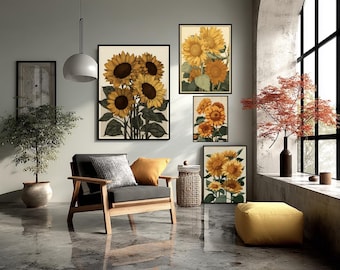 Vintage Sunflower Botanical Poster Retro Yellow Floral Wall Art 70s Warm Earthy Print Minimal Beige Background Home Decor Design