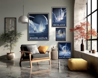 Póster de viaje futurista de Encélado, ciencia ficción, Saturno, luna, superficie helada, retro, futurismo, arte de pared espacial, decoración de exploración de astronautas.