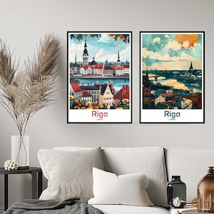 Puede incluir: Dos impresiones enmarcadas de Riga, Letonia. La impresión superior muestra un paisaje urbano colorido con un río y edificios. La impresión inferior muestra un paisaje urbano más abstracto con un puente y un río.