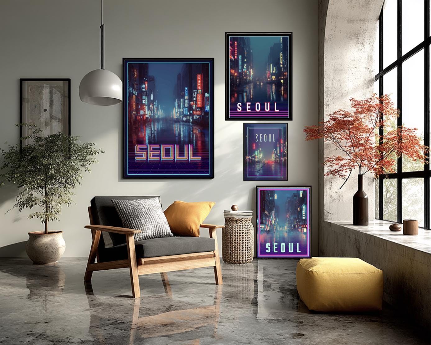 Seoul Neon Streets Retro Vaporwave Travel Poster Korean Hangul