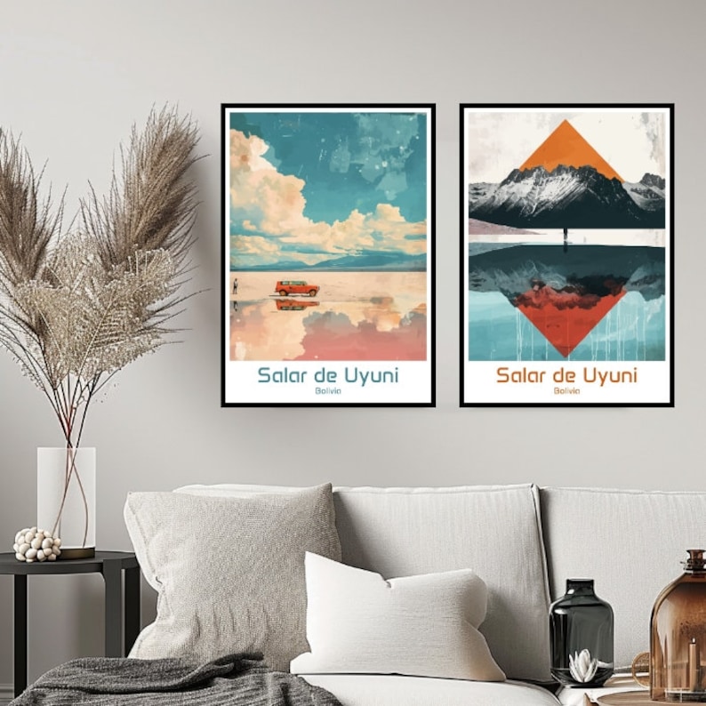 May include: Two framed prints with a geometric design and the text "Salar de Uyuni, Bolivia". The left print shows a car driving on a salt flat with a reflection of the sky and clouds. The right print shows a mountain range with a reflection of the mountain range in the water.