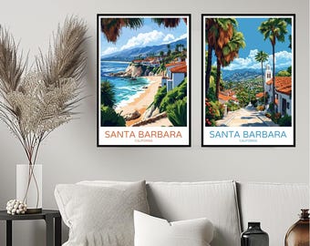 Affiche de Santa Barbara, Californie, impression de voyage, Santa Barbara, côte ouest des États-Unis, décoration murale, toile, cadeau de voyage, décoration de chambre, Illustration