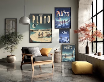 Pluto Dwarf Planet Sci-Fi Travel Poster Print, Outer Space Wall Art Decor, Futuristic Retro Art Gift, Astronomy Decor, Solar System Art