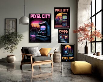 Retro Gaming Poster Pixel City Nights – 80s Pixel Art Style, Arcade Machine, Vaporwave Colors, Neon Grid Background, Nostalgic Video Game