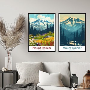 Mount Rainier National Park Poster Travel Print Washington Mount Rainier Park Wall Decor Canvas Travel Gift Illustration Room USA Decoration