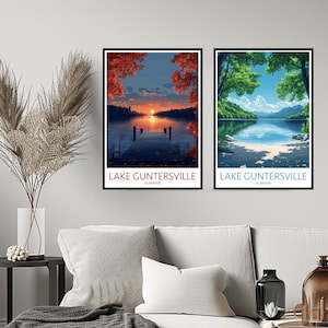 Póster de viaje del lago Guntersville, Alabama, impresión del lago Guntersville, naturaleza, EE. UU., decoración de pared para el hogar, lienzo, regalo de viaje, decoración digital de la habitación