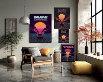 Miami Synthwave Retro Poster – 80s Vaporwave Grid Road with Neon Sun Miami Drive – Aesthetic Digital Art Print