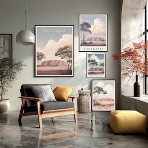 Minimalist Australia Travel Poster With Uluru Desert Landscape In Pastel Colors And Clean Flat Design For Serene Nature Wall Art Print