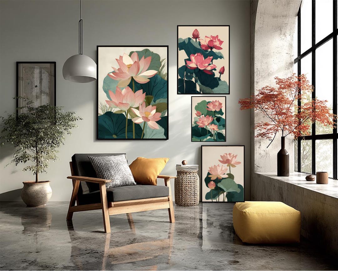 Lotus Flower Poster Botanical Art Floral Print Asian Wall Decor Vintage ...
